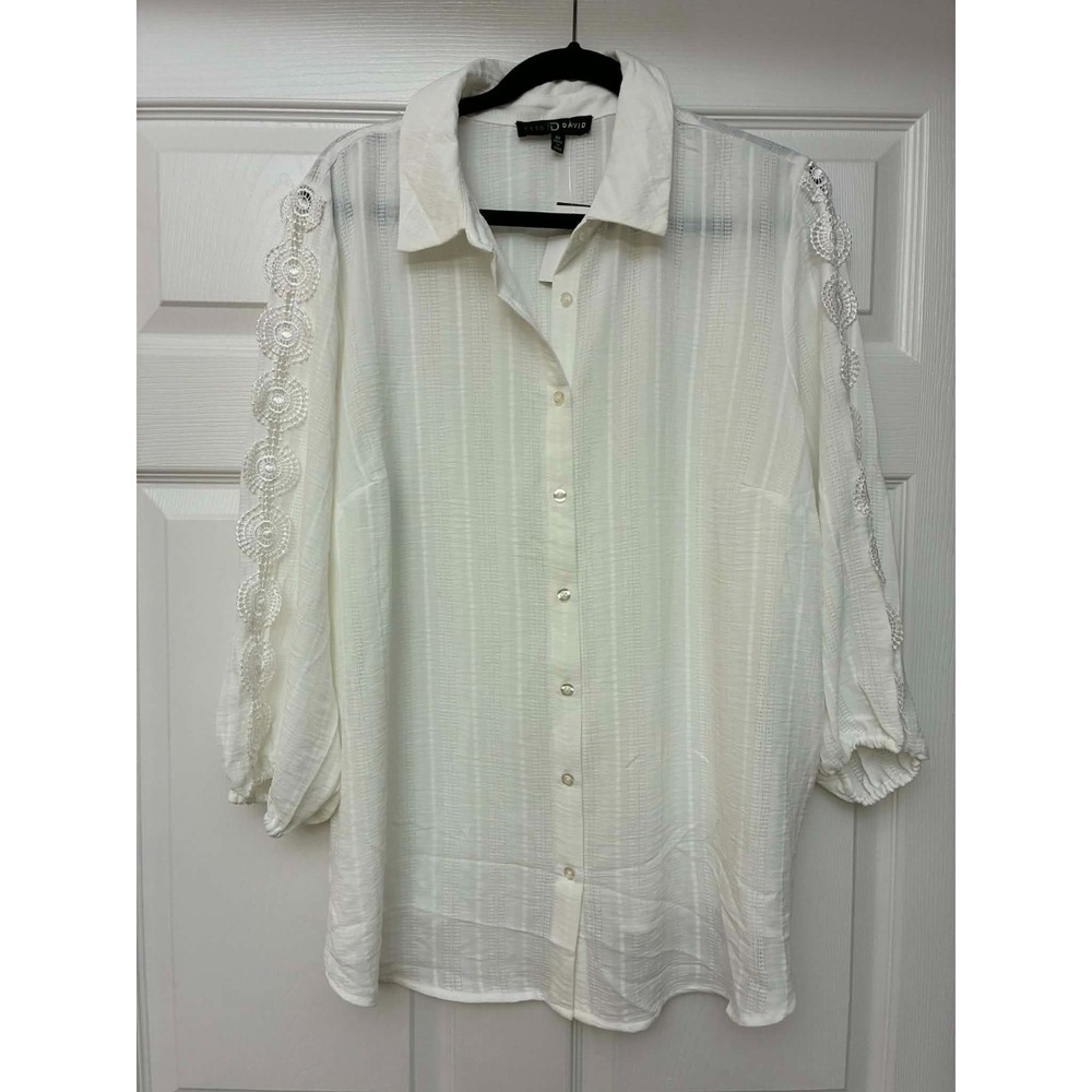 Fred David Blouse Womens 2X White Sheer Lace‎ Sleeve Button Front Long Sleeve